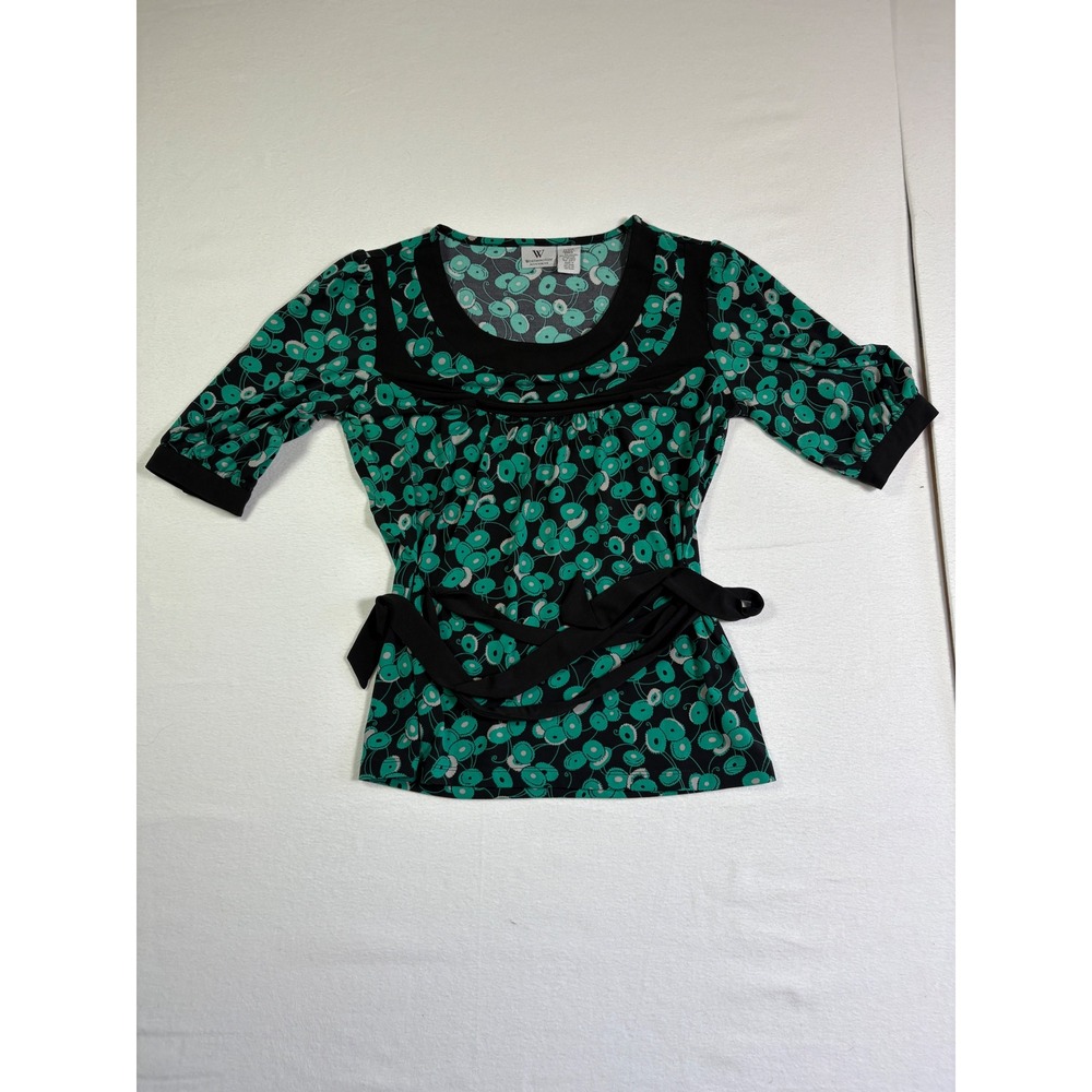 Worthington Petite Stretch Blouse Green Black Floral Scoop Neck Waist Tie Small